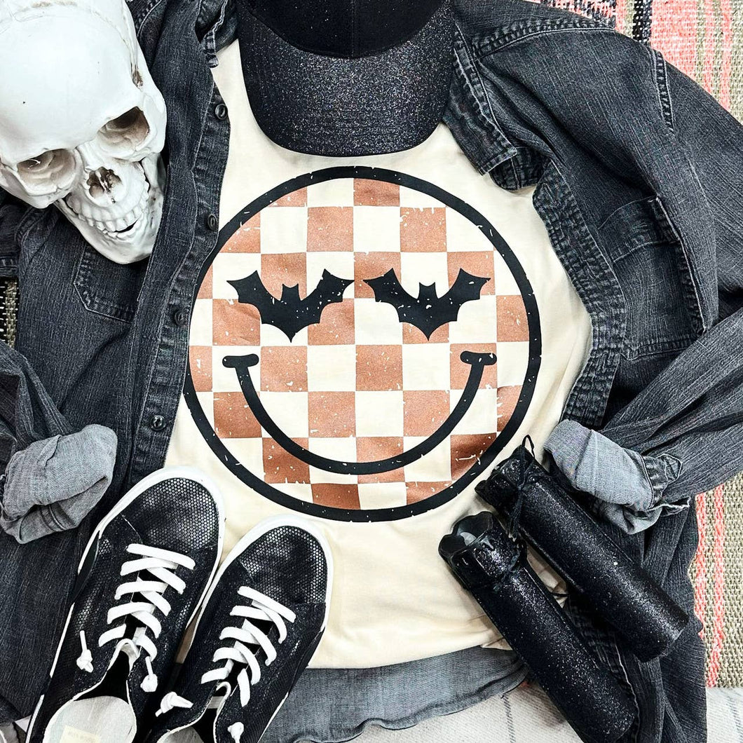 Checkered Happy Face Halloween Soft Cream Everyday Tee