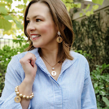 Load image into Gallery viewer, Candace Coin Cross Pearl Drop Earrings in Worn Gold
