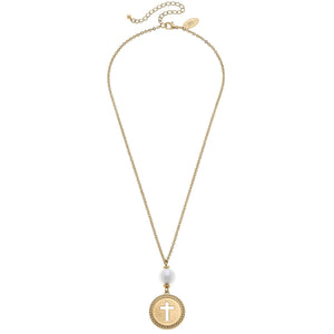 Candace Coin Cross with Pearl Necklace in Worn Gold