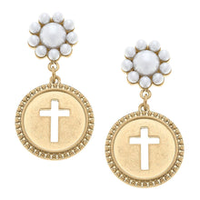 Load image into Gallery viewer, Candace Coin Cross Pearl Drop Earrings in Worn Gold
