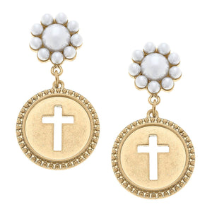 Candace Coin Cross Pearl Drop Earrings in Worn Gold