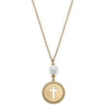 Load image into Gallery viewer, Candace Coin Cross with Pearl Necklace in Worn Gold
