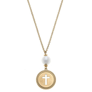 Candace Coin Cross with Pearl Necklace in Worn Gold