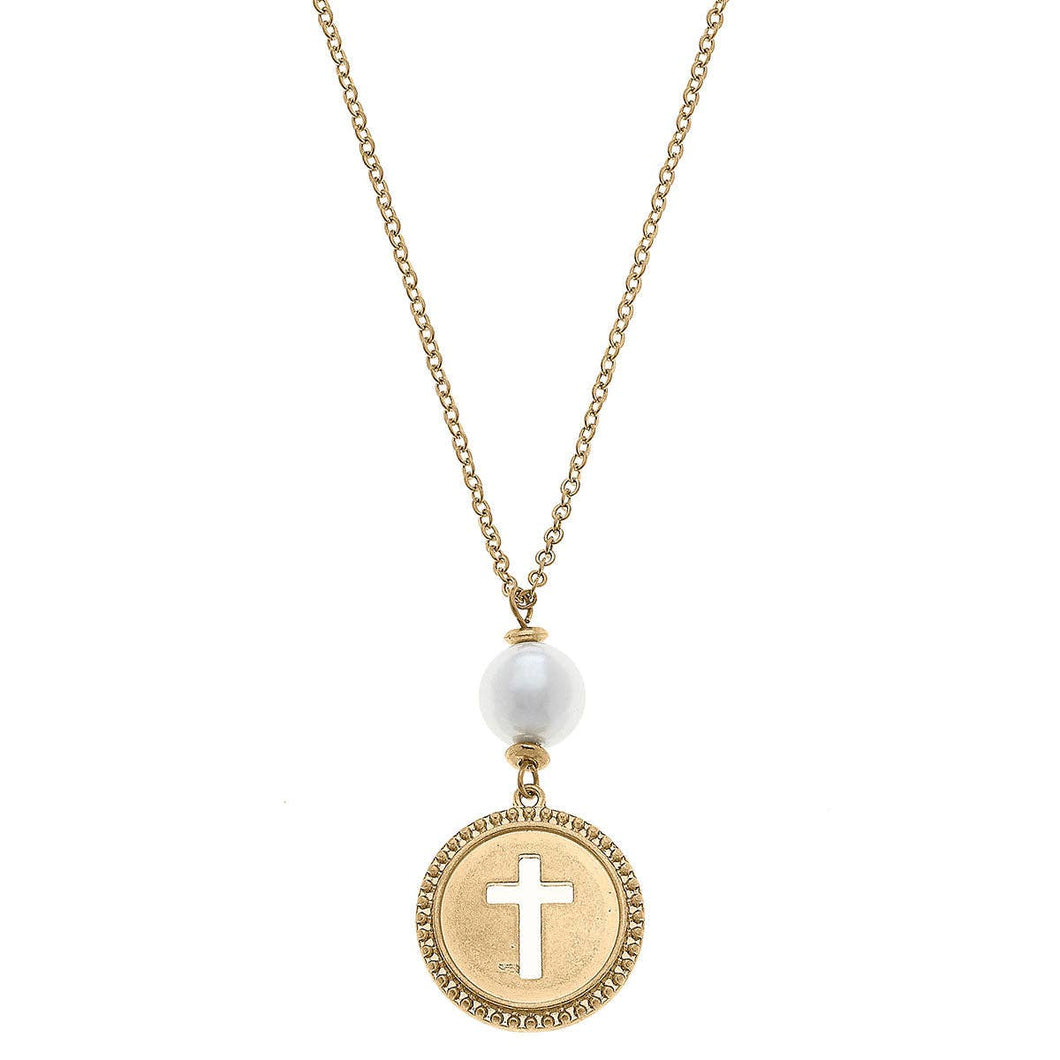 Candace Coin Cross with Pearl Necklace in Worn Gold